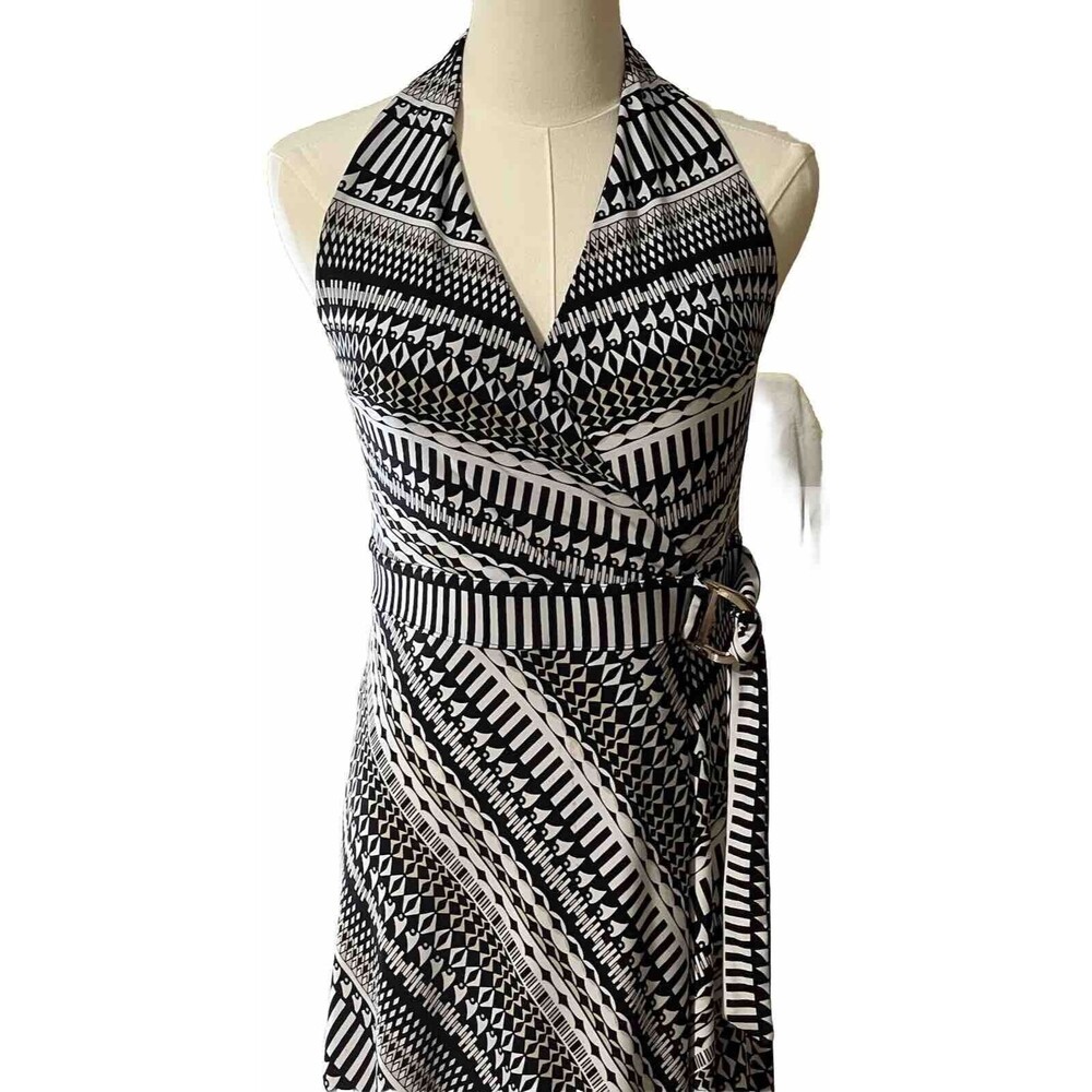 White House Black Market Maxi Dress Size 4 Black White Print Halter Neck V Neck